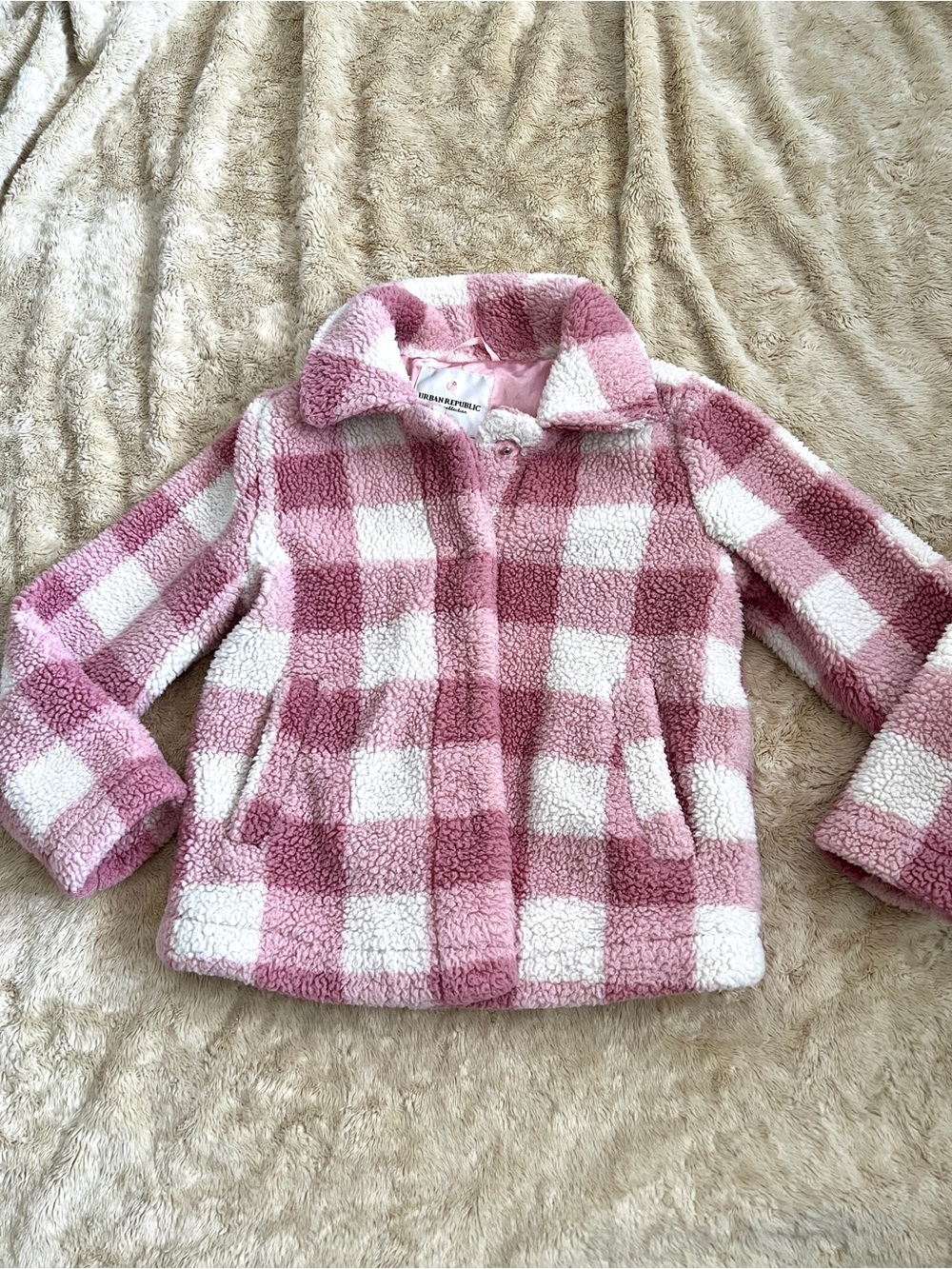 URBAN REPUBLIC Kid's Pink & White Plaid Fleece Coat Size 6X